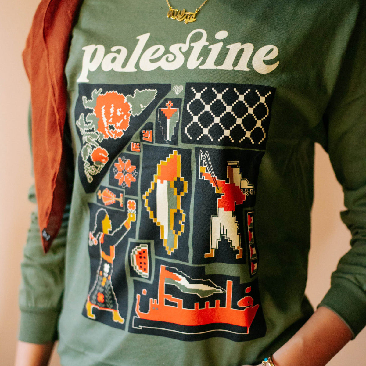 Black Long Sleeve T-Shirt – Handmade Handala Palestinian Tatreez main image 1