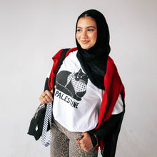Load image into Gallery viewer, Palestinian Catfiyyeh "Free Palestine" T-Shirt (Black Cat)