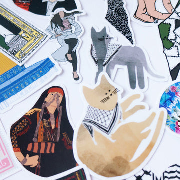 A collection of die-cut stickers featuring various illustrated designs, including cats, women in traditional clothing, hands knitting, and abstract patterns, arranged on a white background.
