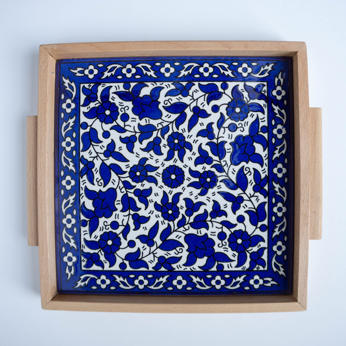 Hand-Painted Khalili Ceramic & Wood Tray (Blue)