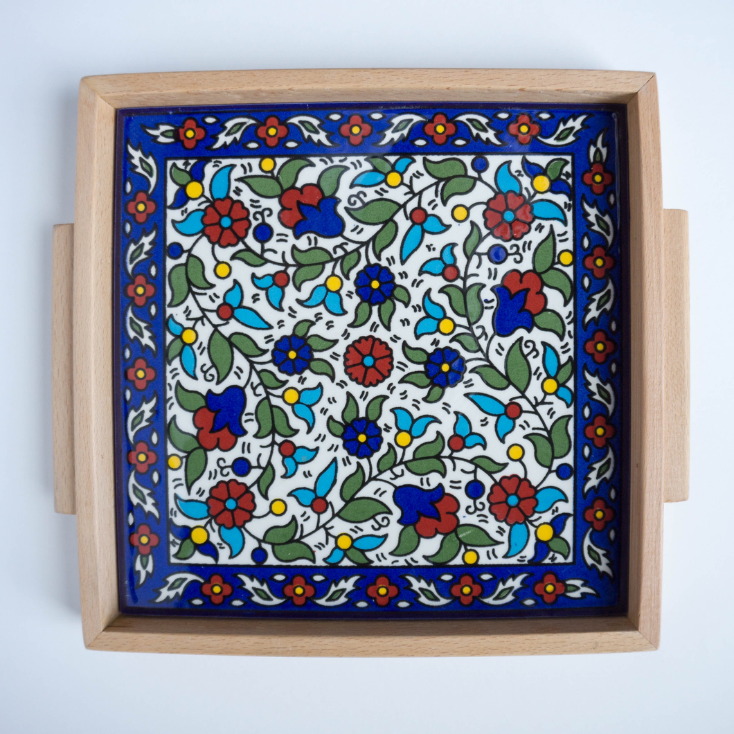 Hand-Painted Khalili Ceramic & Wood Tray (Colorful)