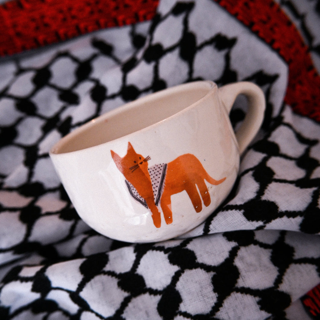 Hand-Sculpted Palestinian Catfiyyeh Mug (Orange Cat)