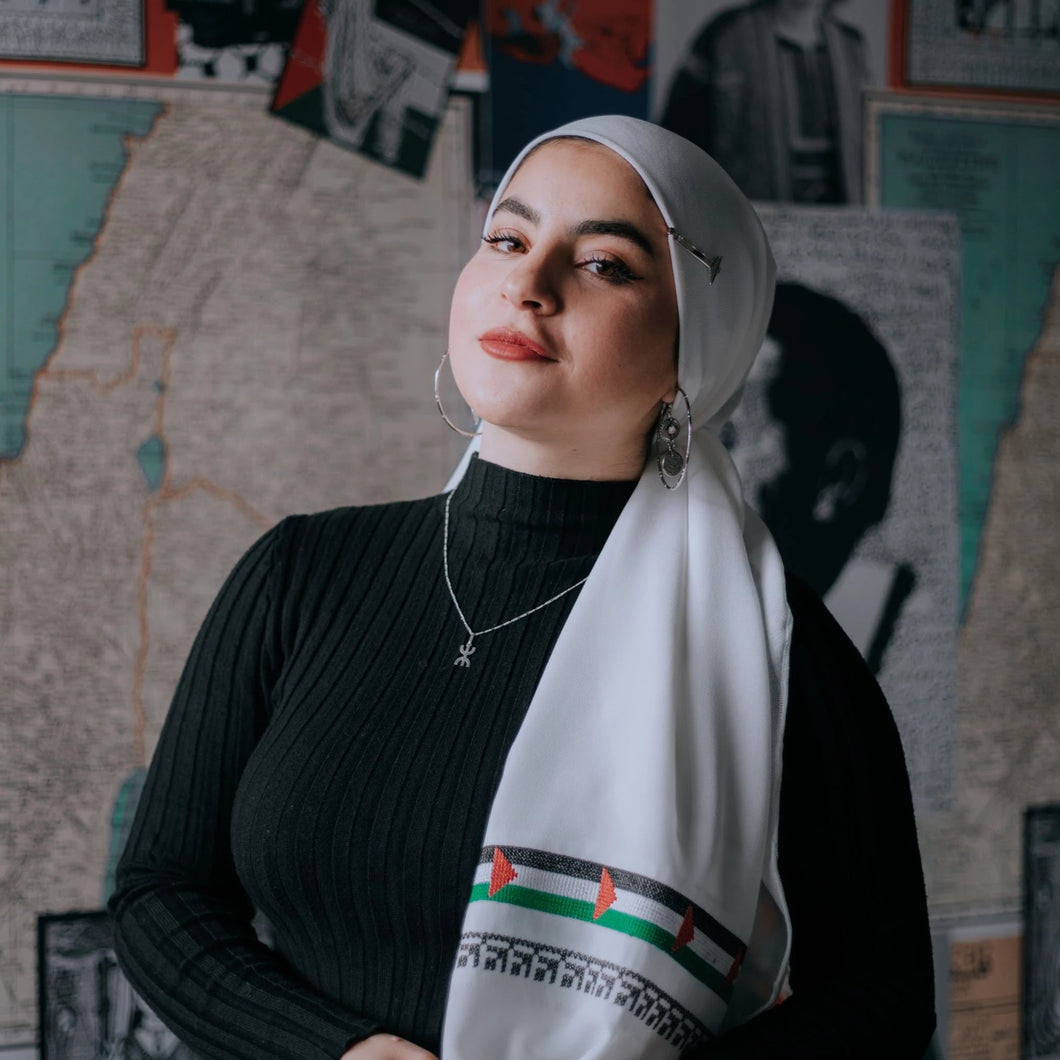 Palestinian Flag Embroidered White Hijab Scarf (Chiffon)