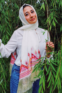 Palestinian Embroidered Fringe Shawl Scarf (Maroon Tones)